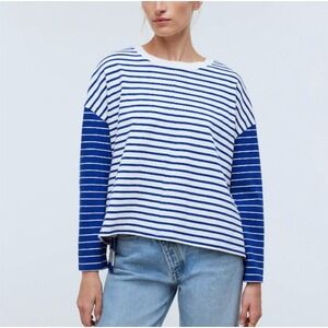 Madewell Women's Blue and White Easy Long Sleeve Striped Rugby Tee‎ in Size S